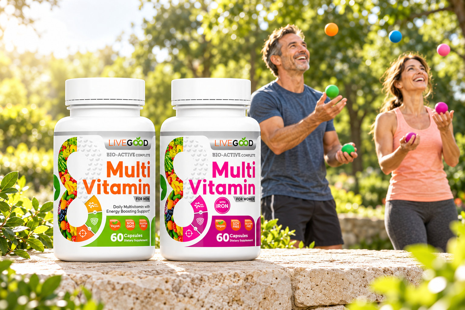 LiveGood multivitamins for men and women with a couple juggling in a sunny park